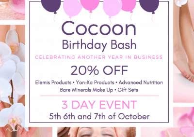 Cocoon Spa's Birthday Bash: 20% off Elemis, Yon-Ka, & more. 3-day event, October 5-7.